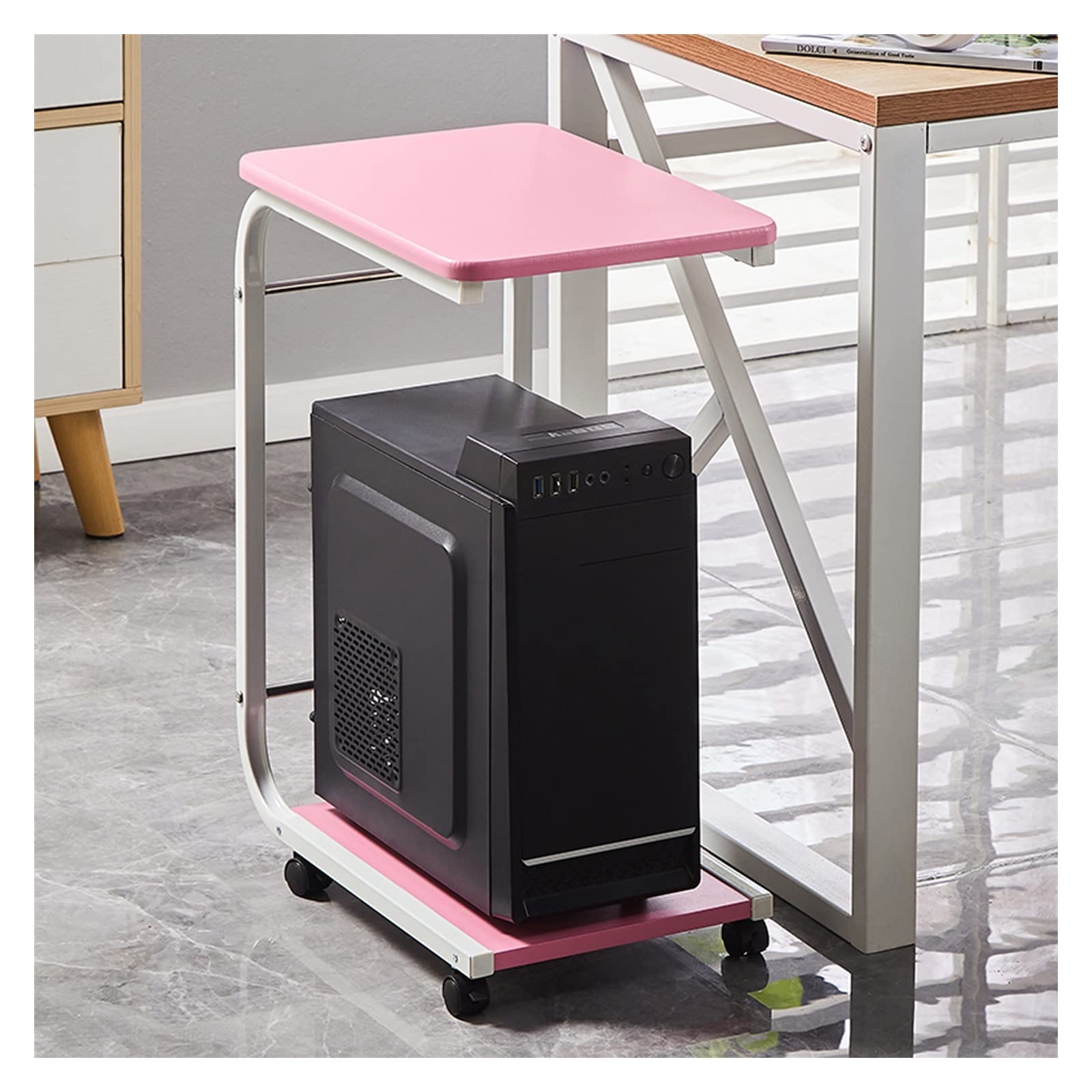 Supporto per stampante Supporto for stampante a 2 livelli con ruote girevoli Home Office Ripiano for stampante mobile Supporto for CPU Carrello PC Laptop Tavolo in piedi Tavolo per stampante(Pink)