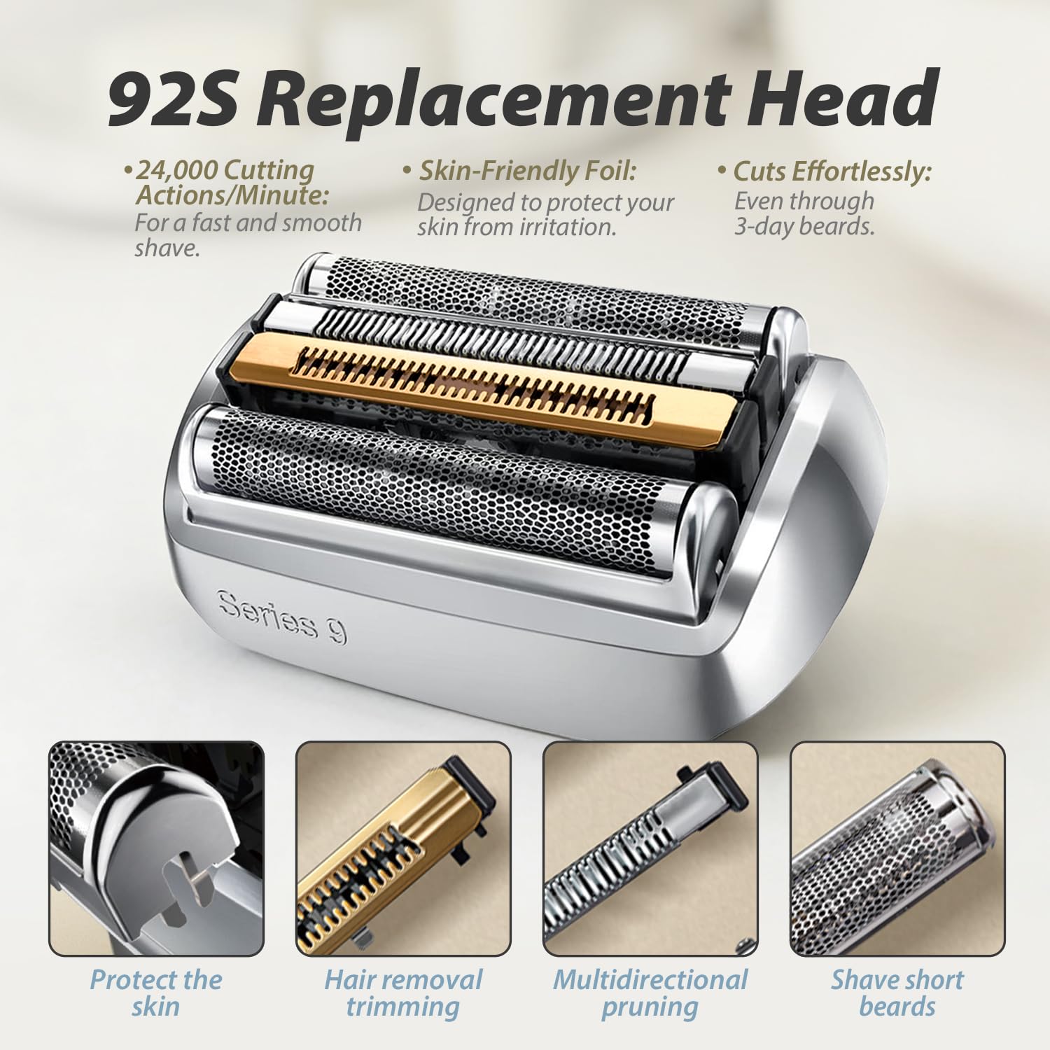 92S Ersatzrasierköpfe Kompatibel mit Braun elektrische Rasiermesser der Serie 9 - Kompatibel mit Braun Series 9 9290cc, 9291cc, 9370cc, 9293s, 9385cc, 9330s, 9296cc und mehr, Silber, Packung von 1