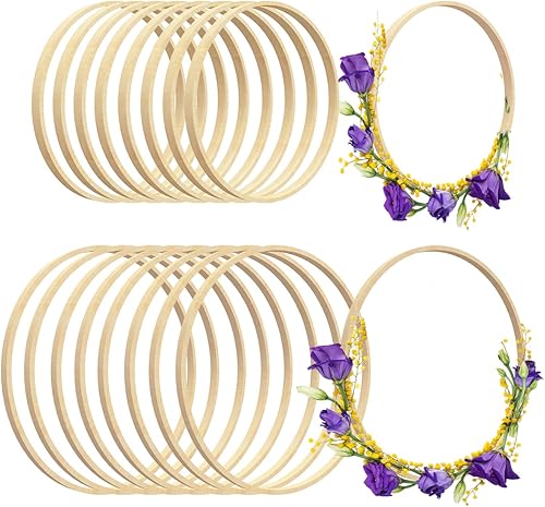 Worown Paquete de 16 aros de madera, anillos de bambú para manualidades, aro floral de bambú de madera para hacer decoración de corona de boda y