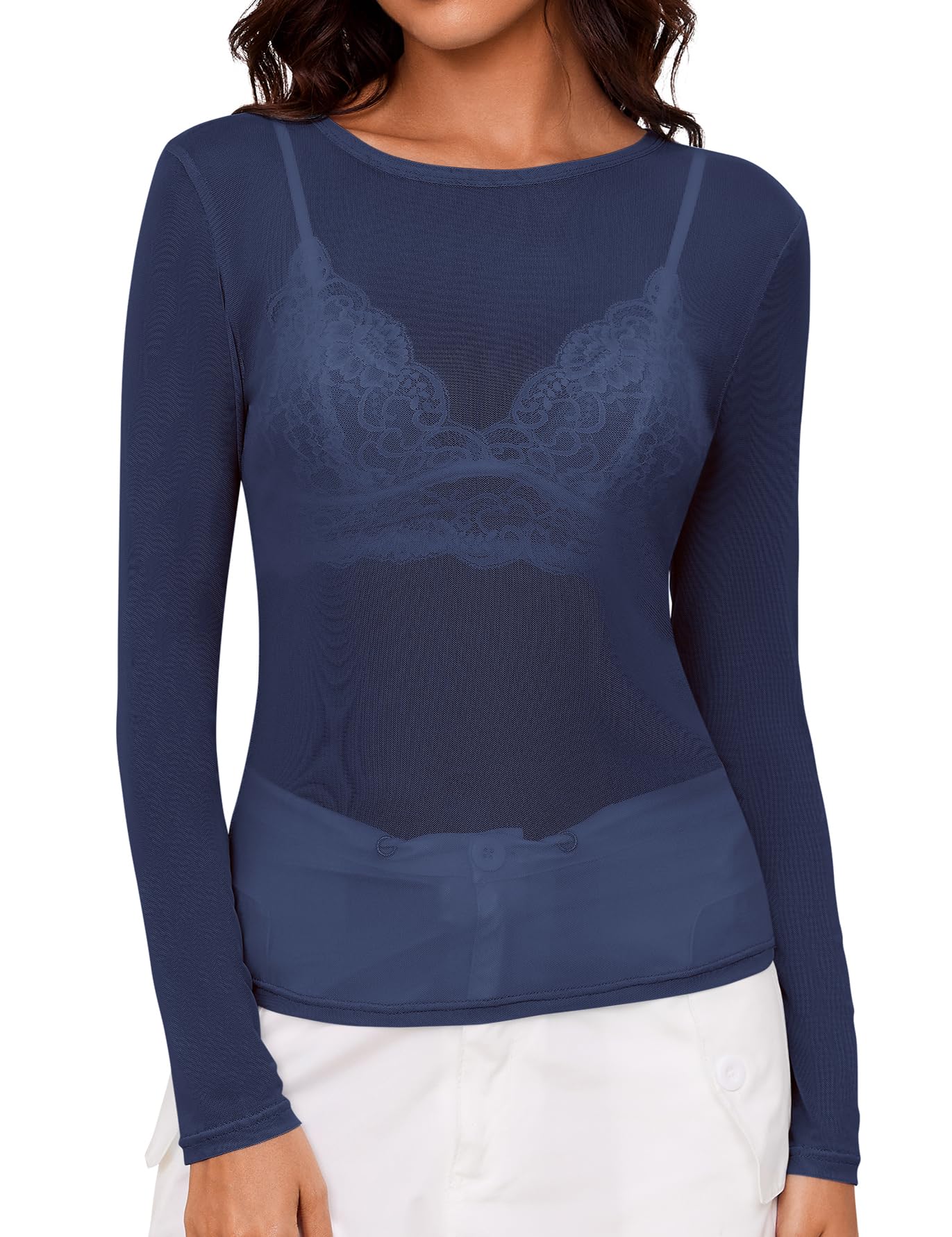 Camicia A Rete Da Donna Maniche Lunghe &ndash; Trasparente, Elegante, Con Dettagli A Rete E Giunture Scavate