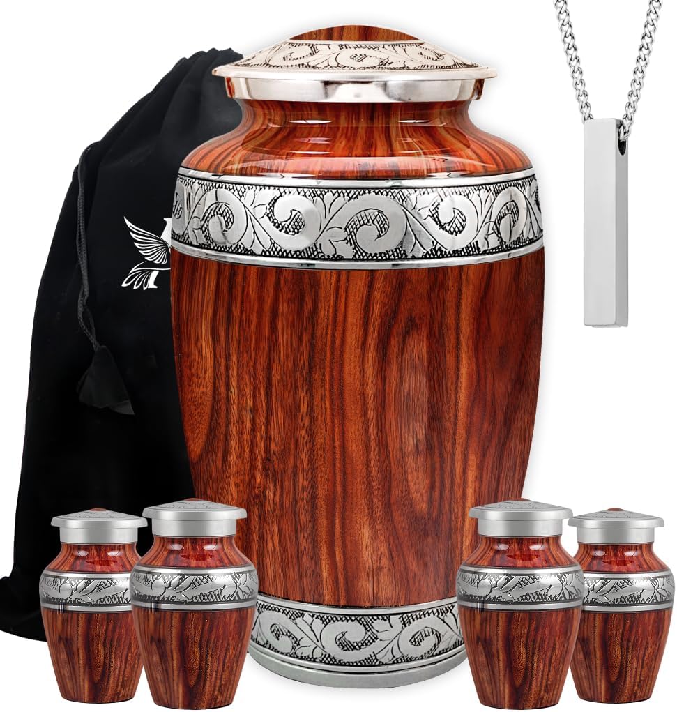 Set of 6 Wooden Grain Cremation Urns for Human Ashes Adult Male & Female - Includes 1 Large Wooden Grain Urn with 4 Small Keepsakes & 1 NecklaceUrn for Human Ashes