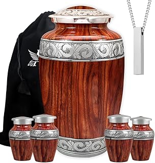 Set of 6 Wooden Grain Cremation Urns for Human Ashes Adult Male & Female - Includes 1 Large Wooden Grain Urn with 4 Small Keepsakes & 1 NecklaceUrn for Human Ashes