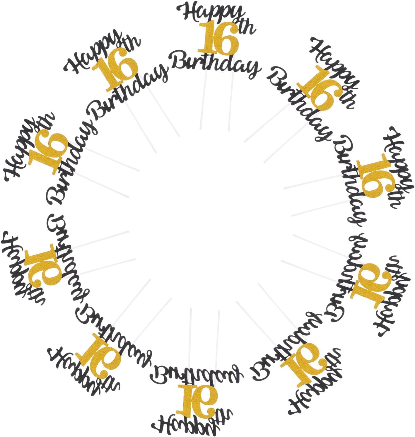 VICASKY 10pcs Happy Birthday Cake Toppers Glitter Gold Number 16 Cake Decorations for Boys Party Supplies Non-edible Dessert Picks