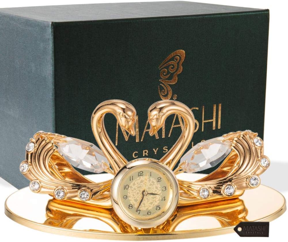 Matashi 24K Gold Plated Loving Swans Figurine Clock – Elegant Tabletop Ornament - Gift for Mom, Wife, Grandma, Daughter – Thoughtful for Mother’s Day, Birthday, Christmas - Home, Office, Bedroom Decor