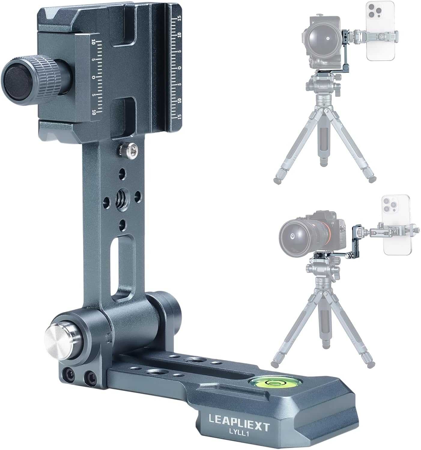 Aluminum Camera L Bracket, 90° Folding Vertical/Horizontal Shooting Mount, Arca-Swiss Groove, Cold Shoe Mount & 1/4" Ports, Level Gauge, for DSLR Camera, Tripod