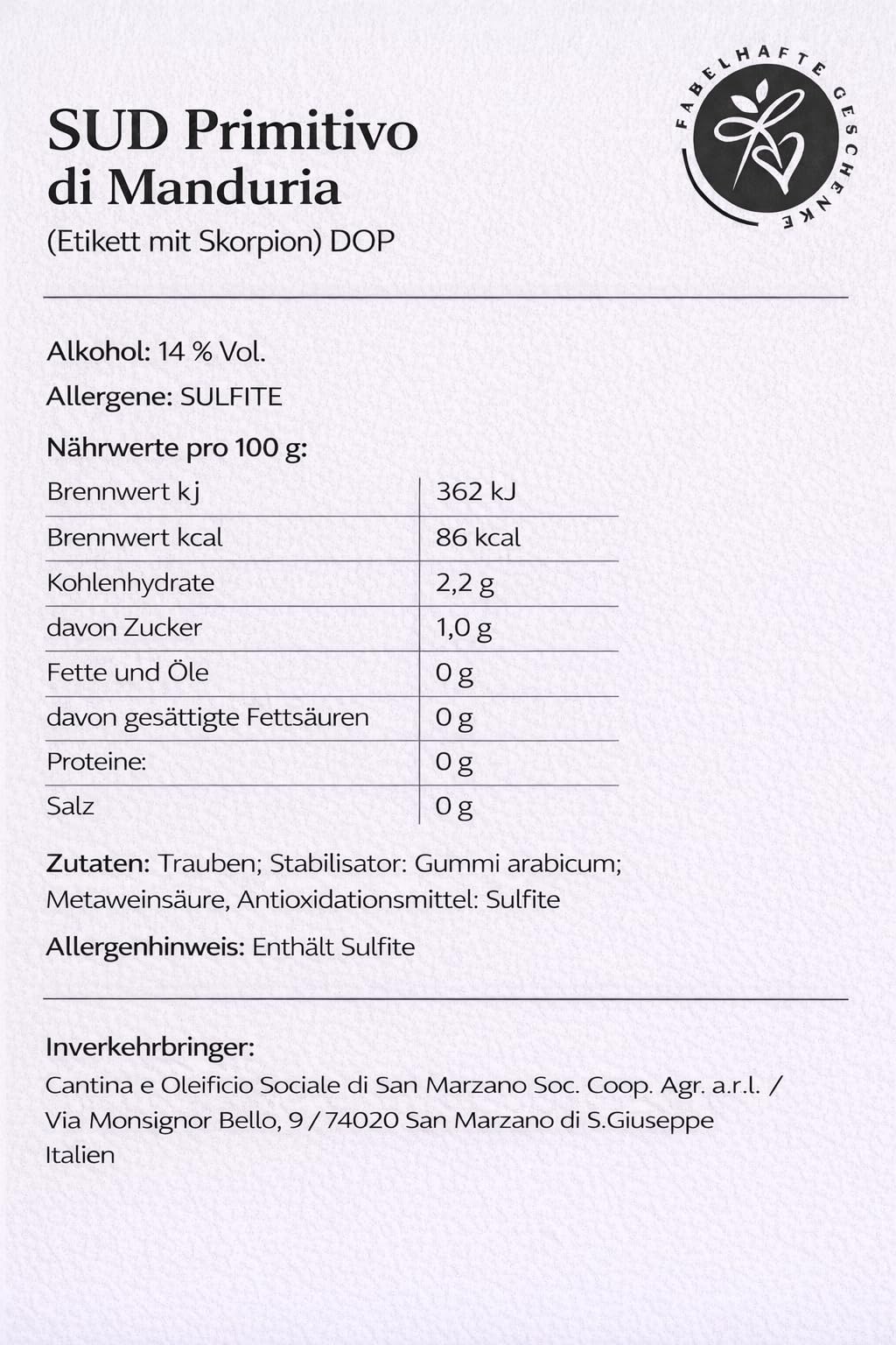 6 er Vorteilspaket SUD Primitivo di Manduria (Etikett mit Skorpion) DOP 2023 | Feudi di San Marzano | 6 X 0,75 L | Rotwein aus Italien | trocken