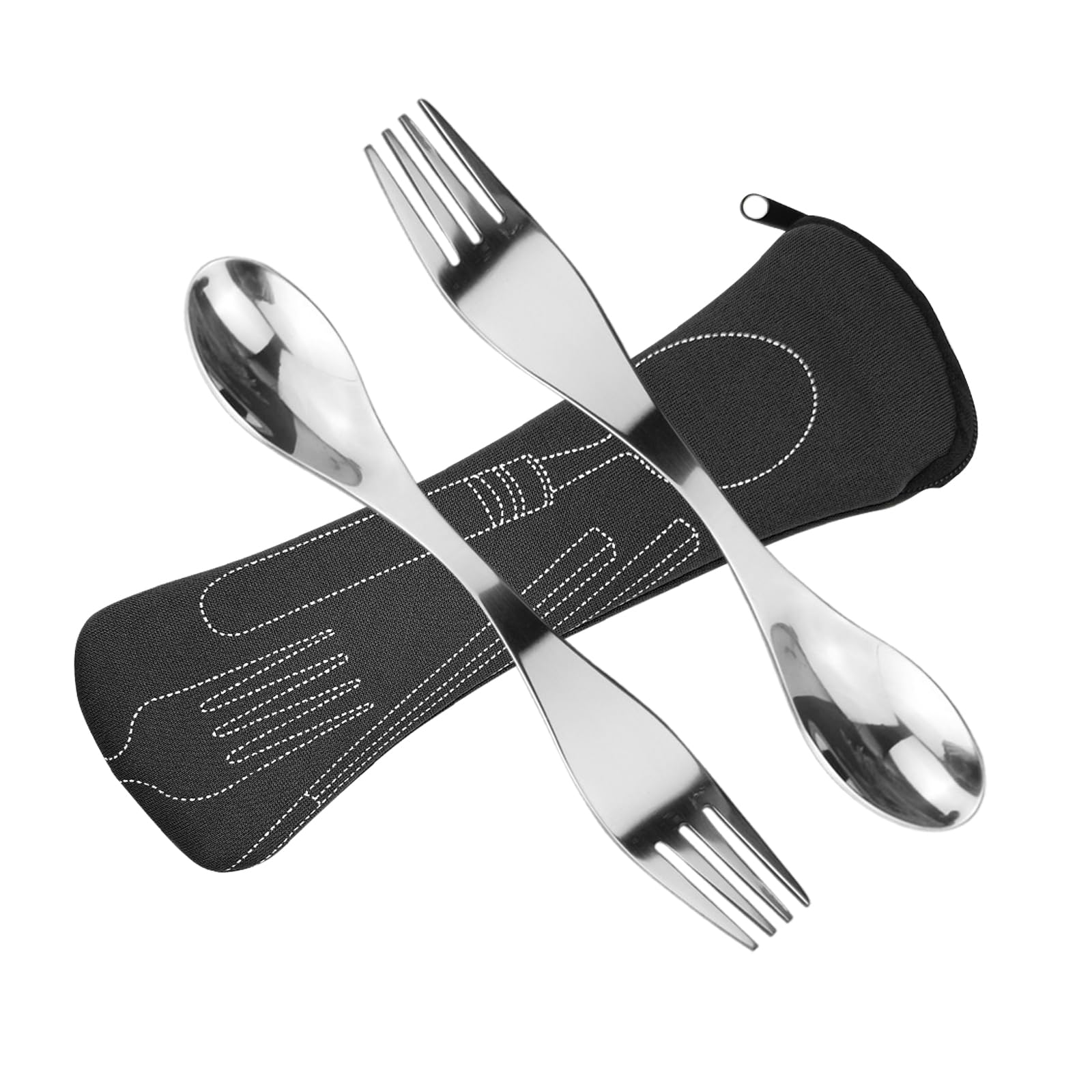 Pack of 2 Portable Stainless Steel Sporks Camping Cutlery Spoon Fork (Black)