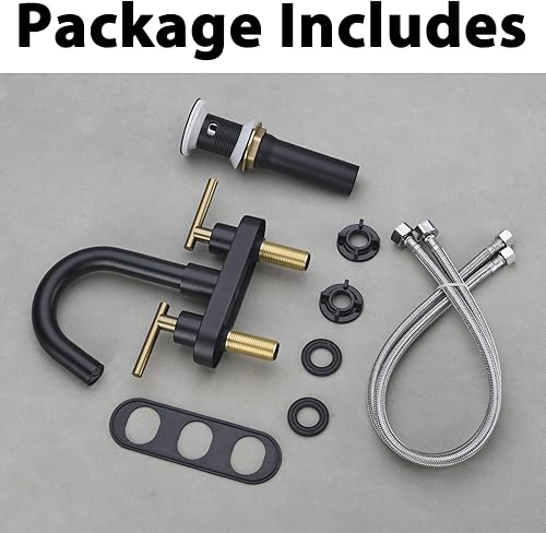 Miniatura 8 de Grifo de baño, grifo de tocador negro y dorado de 3 agujeros con drenaje de fregadero de metal, juego central de 2 manijas de 4 pulgadas