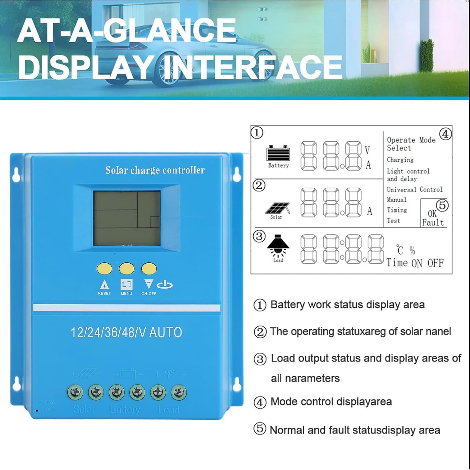 Haofy 60A MPPT Solar Charge Controller 12V/24V/36V/48V Auto, Solar Panel Battery Intelligent Regulator with LCD Display for Solar Photovoltaic System