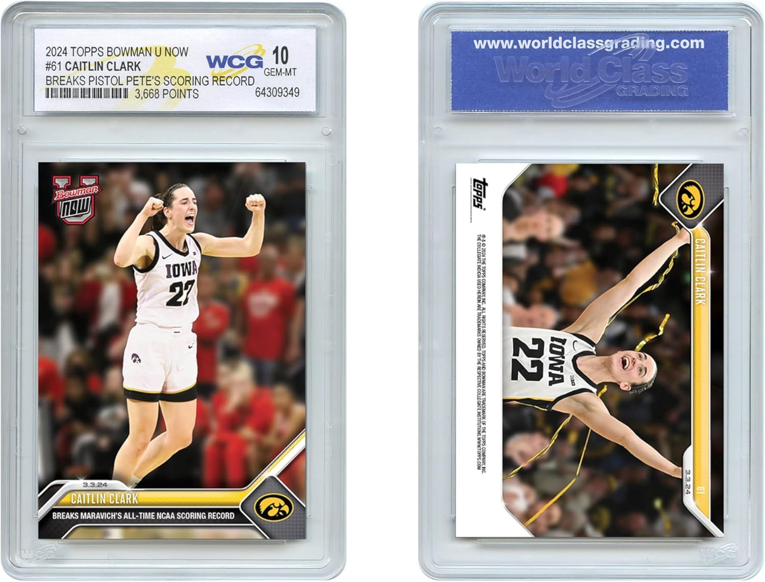 WCG 2024 Topps Bowman Caitlin Clark Card #61 Breaks Pistol Pete NCAA All-Time Scoring Record - Graded Gem-Mint 10