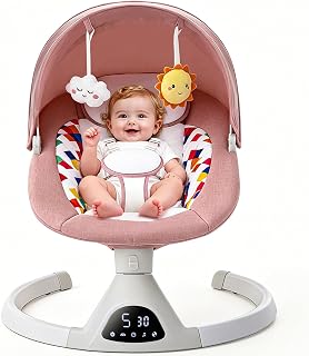 Baby Swings for Infants, Portable Electric Baby Swing with 5 Speeds, Remote Control, Bluetooth, 10 Preset Melodies for Newborn Boy Girl, Indoor & Outdoor Use (Pink)
