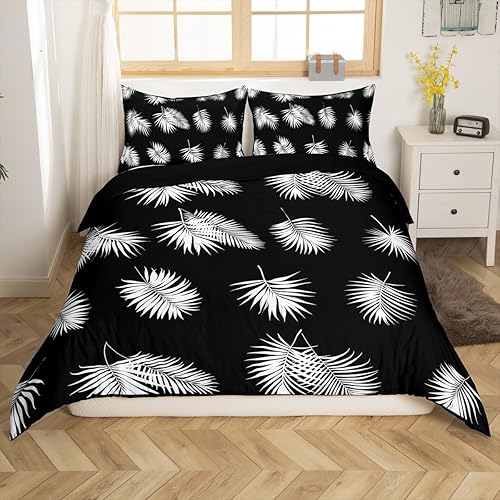 Palm Leaf Bedding Set, Black White Leaves Print Comforter Cover Set King Size for Kids Teens Adult Women Bedroom, Botanical Plant Duvet Cover Soft Microfiber Quilt Cover with 2 Pillow Cases
