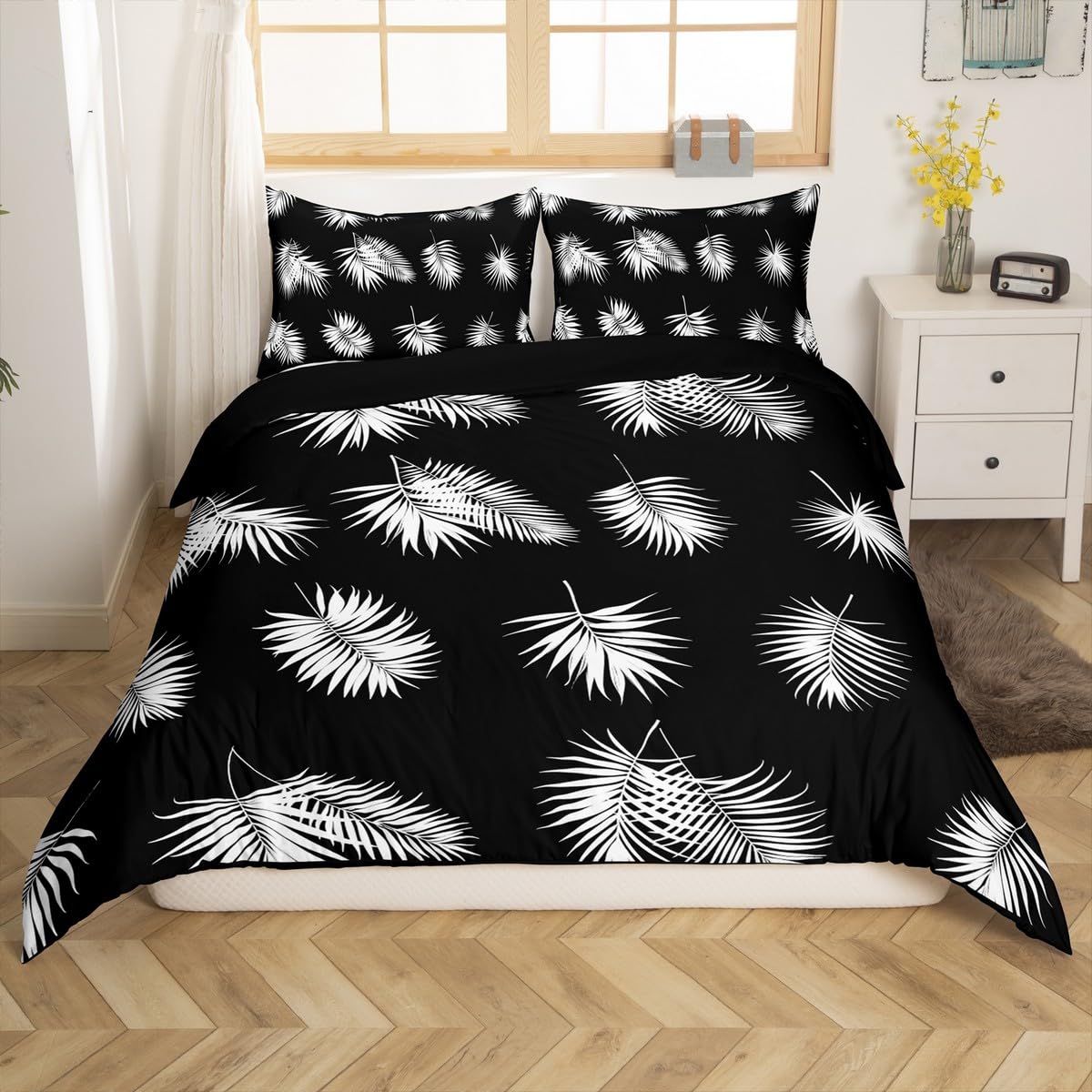 Leaves Duvet Cover Set Queen Size Decorative Luxury Leaf Print Bedding Set Botanical Plant Black White Microfiber Polyester Tropical Leaf Comforter