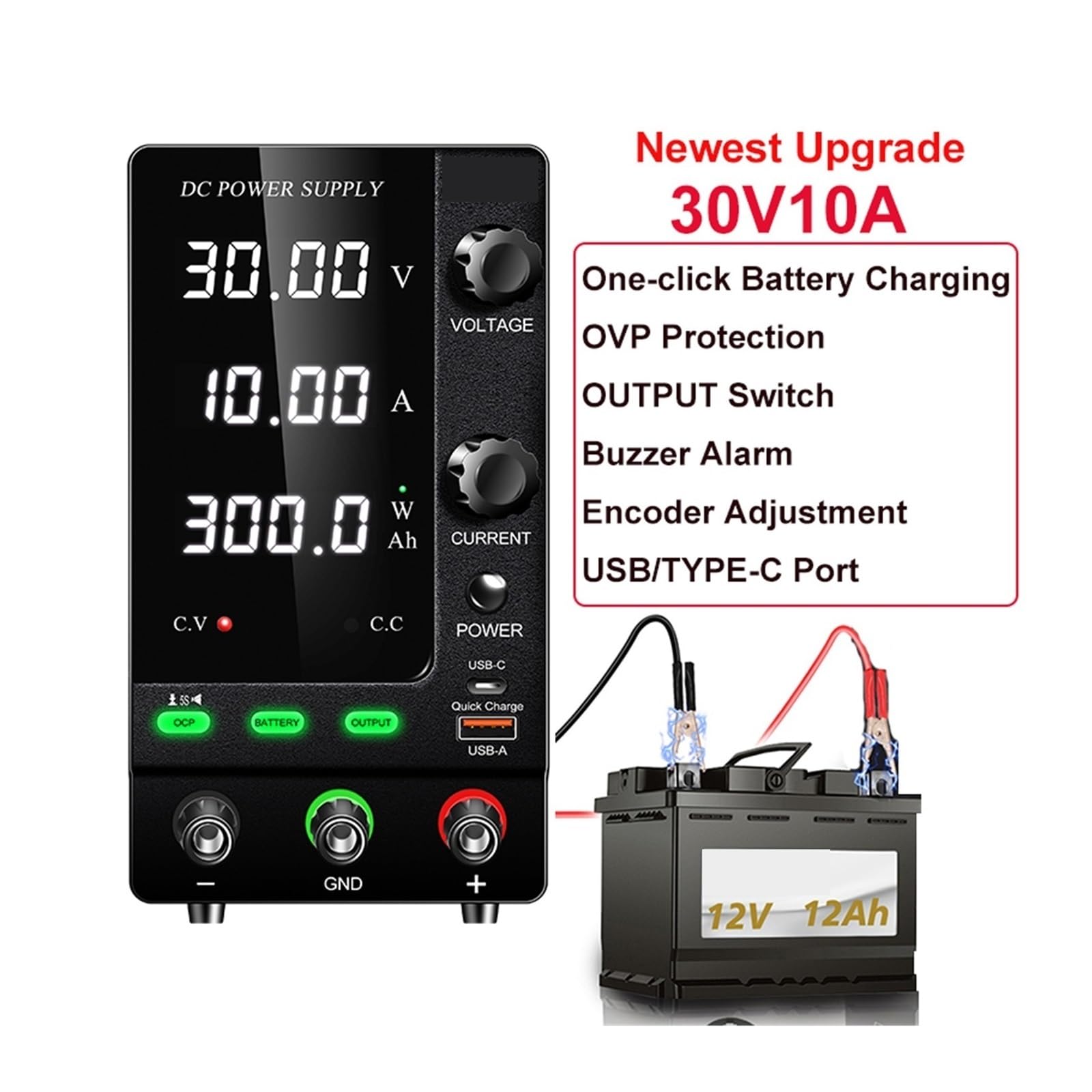 Fuente de alimentación de CC, Fuente De Alimentación CC Ajustable For Cargador Batería Con Interruptor Salida Protección OCP, Ajuste Precisión Del Codificador 30V 10A 5A(SPPS-C3010C 30V10A)