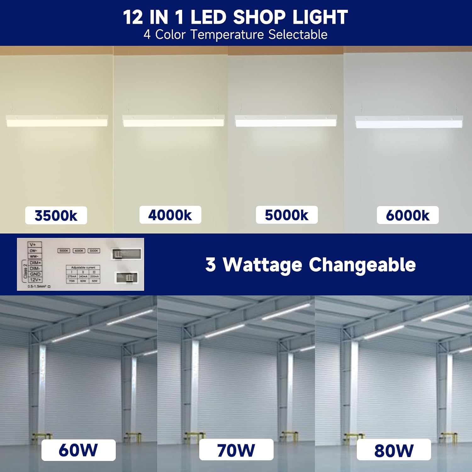 OKQ 4FT LED Shop Light 40W LED Linear Strip Lights,Watt Adjustable 30W/35W/40W-Up to 6000Lumens 3500K/4000K/5000K /6000K,0-10V Dimmable Commercial Ceiling Light for Garage Workshop Warehouse-72Pack