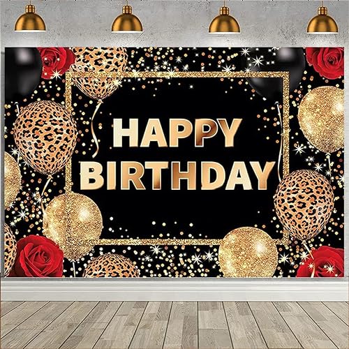 Miniatura 4 de Telón de fondo de feliz cumpleaños con estampado de leopardo negro y dorado, globos de guepardo, rosa roja, decoraciones de cumpleaños para mujeres