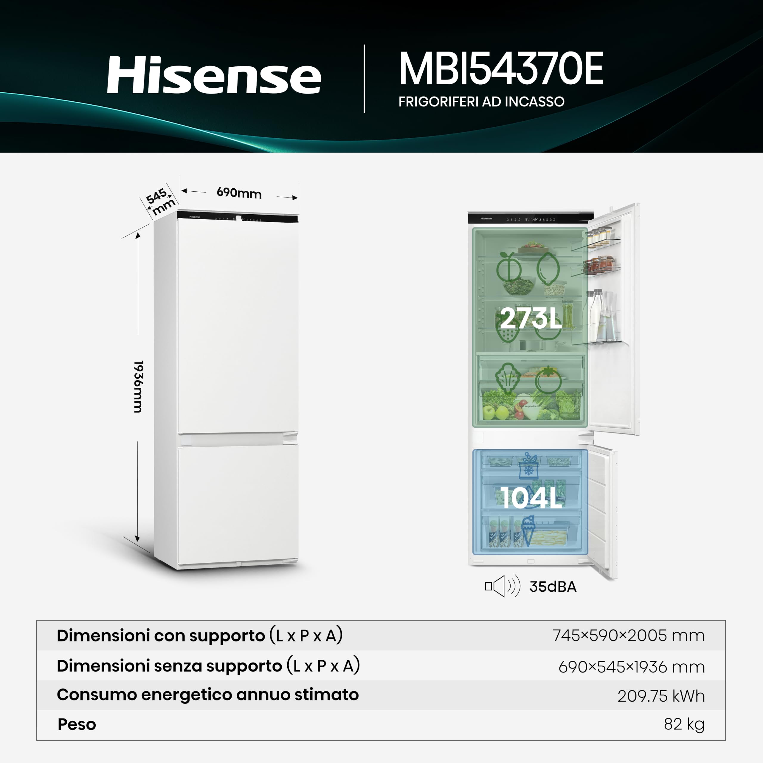 Hisense MBI54370E NUOVO Frigorifero da Incasso Combinato 194 cm 75 cm, 371 L, Total No Frost, Freezer in Basso con Convert Zone, Wi‑Fi, Humidity Control, Classe D