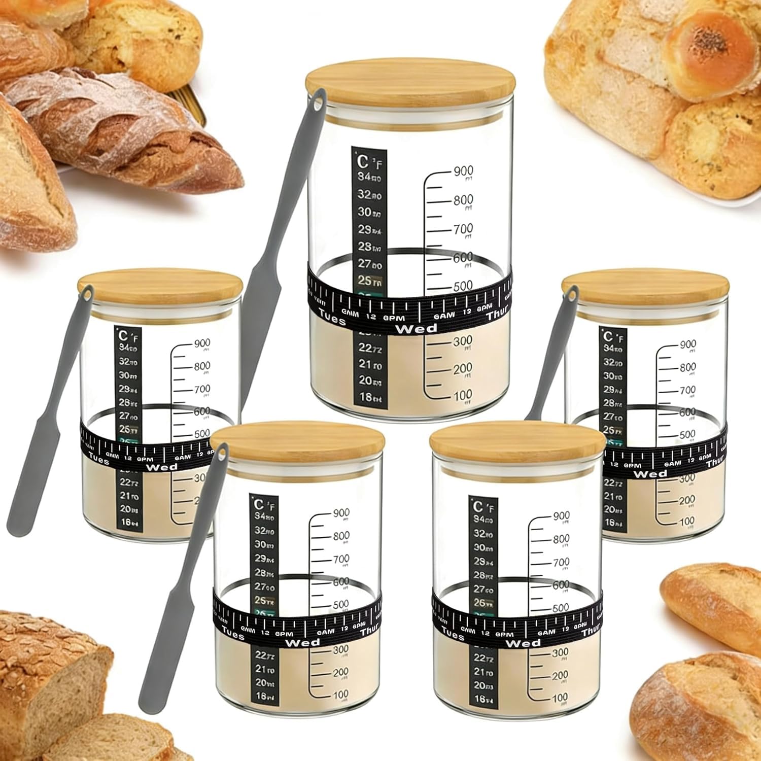 BRIRILINE Pro Sauerteig-Brot-Starter-Set, 963 ml, Sauerteigglas mit 5 einzigartigen Funktionen für das perfekte Sauerteig-Brot und Sauerteig-Starter-Set, Backzubehör (1 Packung) (963 ml, 5er-Pack)