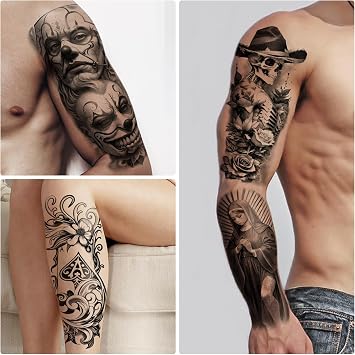 77 Sheets Temporary Tattoos, Chicano Large Fake Tattoos Chicano Guadalupe Gangster Prisoner Day of the Dead, Lowrider Style Culture Mexico Clown Fake Tattoo Stickers for Men Women Adults