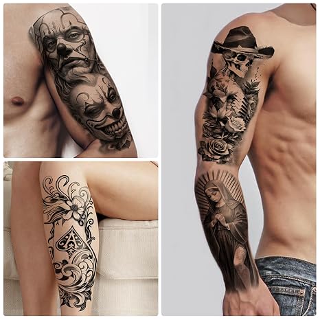 77 Sheets Temporary Tattoos Chicano Large Fake Tattoos Chicano Guadalupe Gangster Prisoner Day of the Dead Lowrider Style Culture Mexico Clown Tattoo Sticker for Men Women Adults