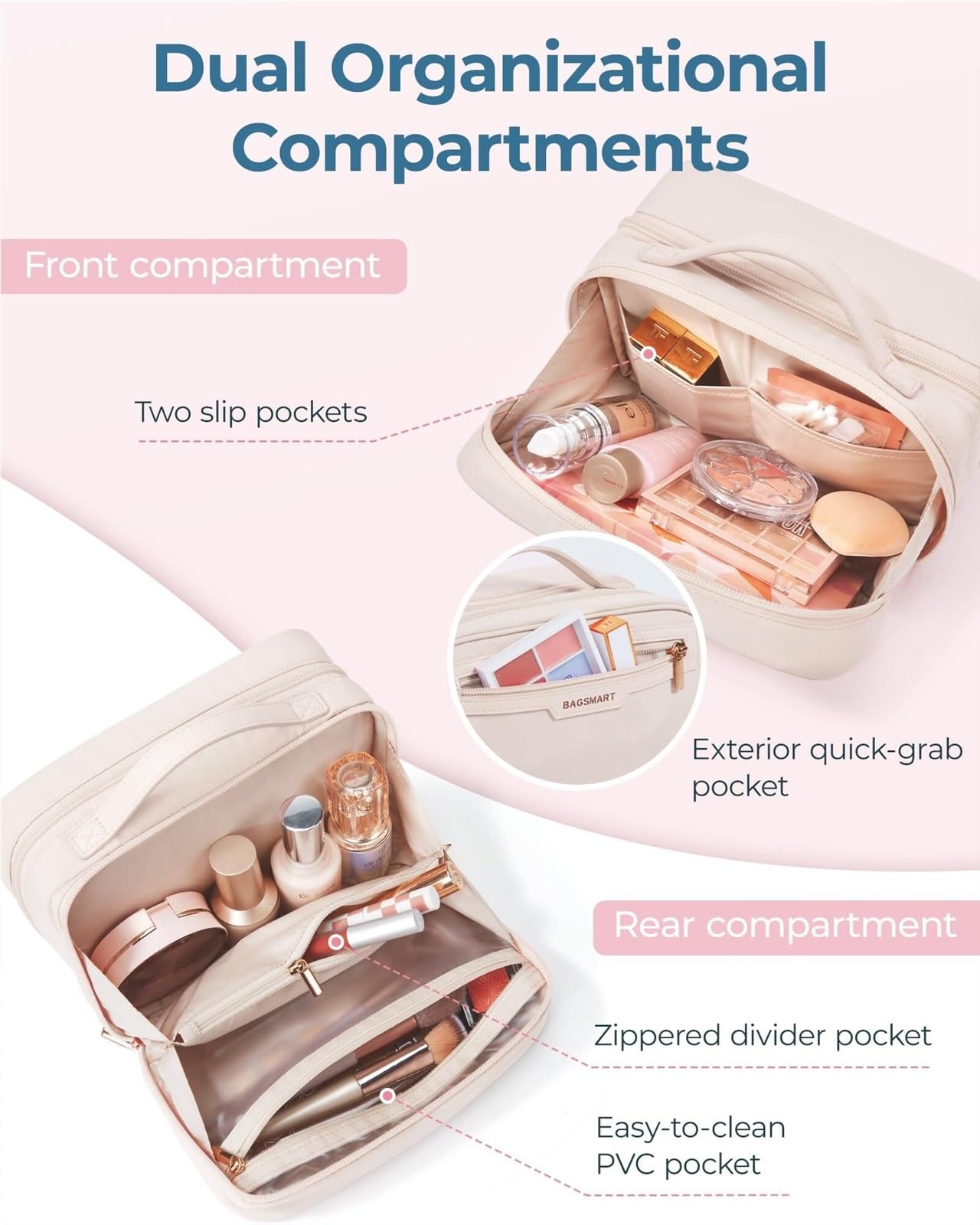Kosmetiktasche Damen Reise-Kosmetiktasche, große Öffnung, tragbare Aufbewahrungstasche for Reiseutensilien for Damen Kulturbeutel(Beige)