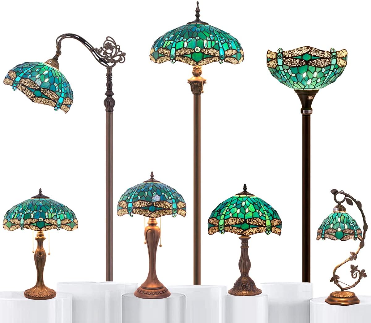 WERFACTORY Tiffany Lamp Green Stained Glass Dragonfly Table Lamp Metal Leaf Desk Reading Light 8X10X21 Inches Decor Small Space Bedroom Home Office S622 Series