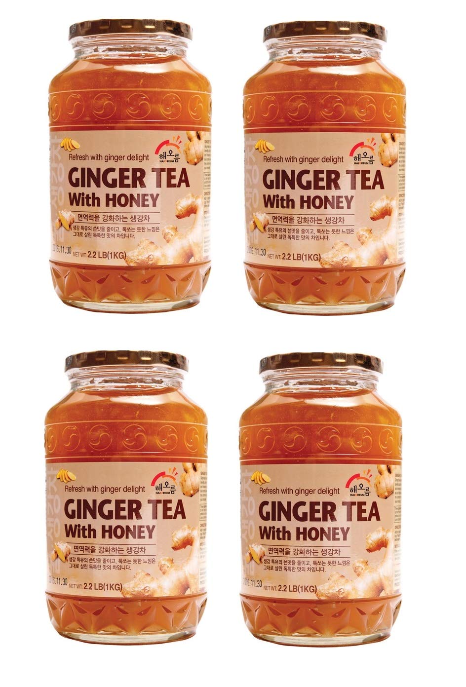 Honey Refresh With Korean Herbal Tea Ginger Delight - Product of Korea 4 Glass Jars 2.2 lb (1 kg.) each_AB