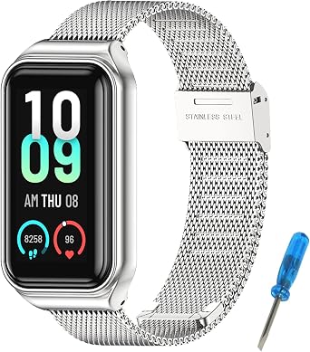 BDIG Compatible with Amazfit Band 7, Stainless Steel & Rubber Replacement Bracelet, Adjustable Buckle Strap for Amazfit Smart Band 7 Watch Not Included, KK Silver, 210mm, 18mm Width