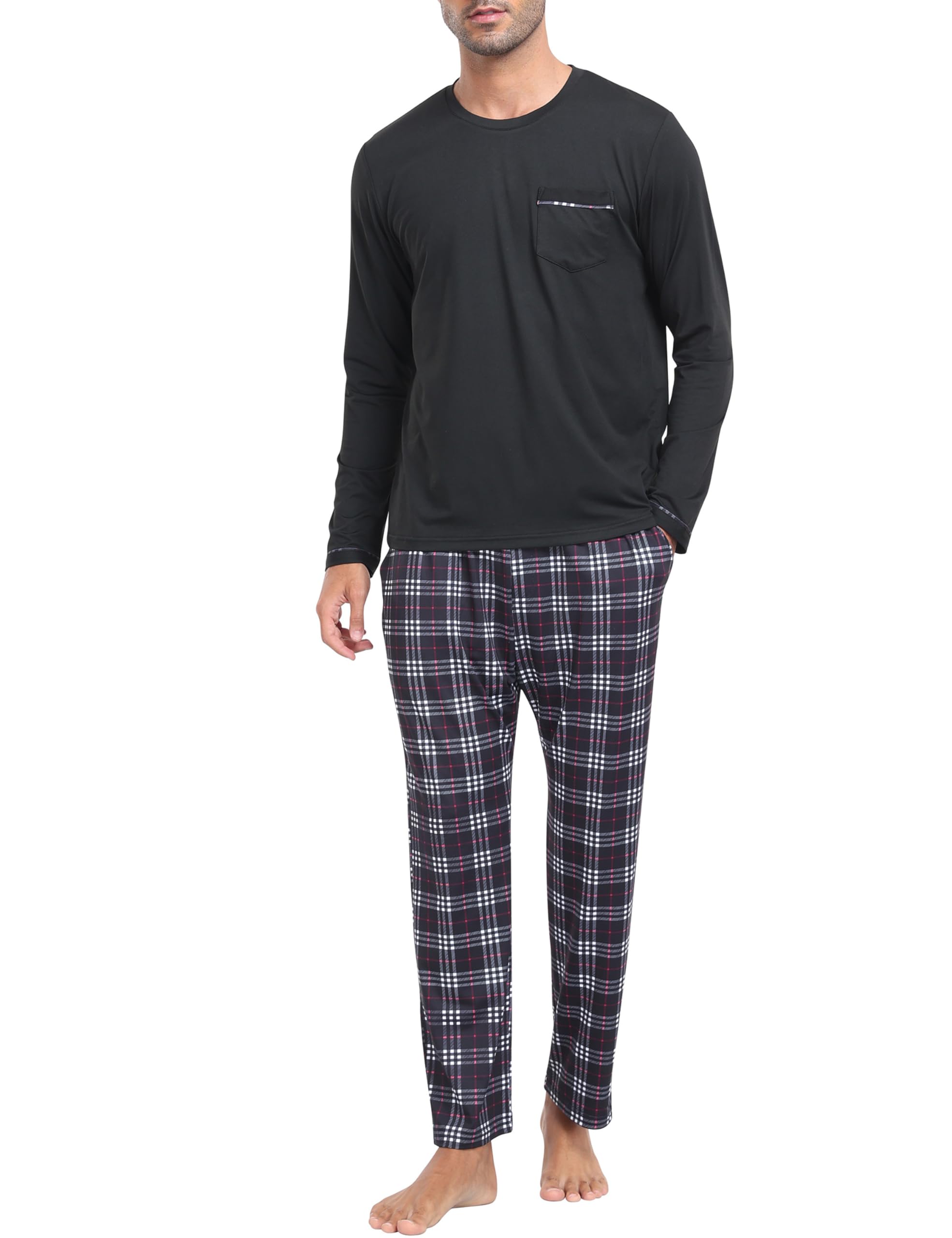 MoFiz Pigiama Uomo Lungo Invernale Morbido Caldo Pigiami Due Pezzi Manica Lunga Notte Camicia e Pantaloni Pigiama a Quadri con Tasche