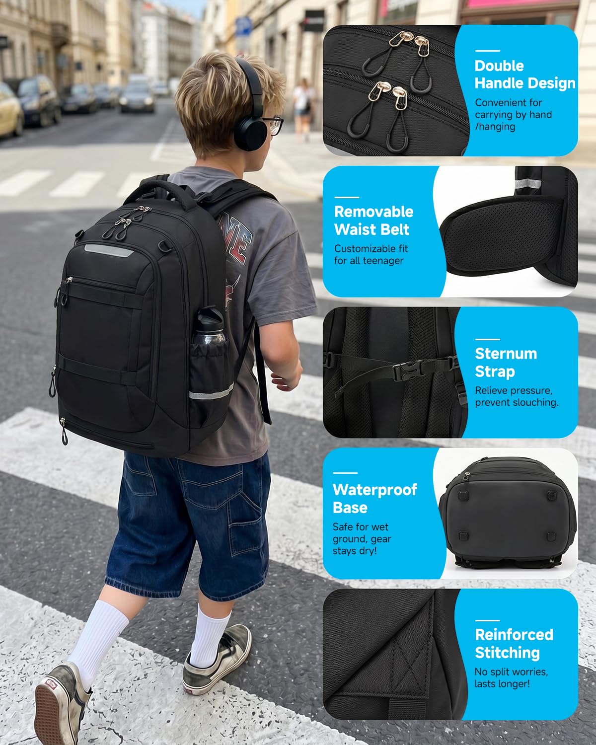 Amythe Zaino Ergonomico Adolescente Ragazzo Cintura Rimovibile | Zaino Ergonomico Adolescente 30L Scuola Rete Richiudibile 5a-13a Viaggio Sport
