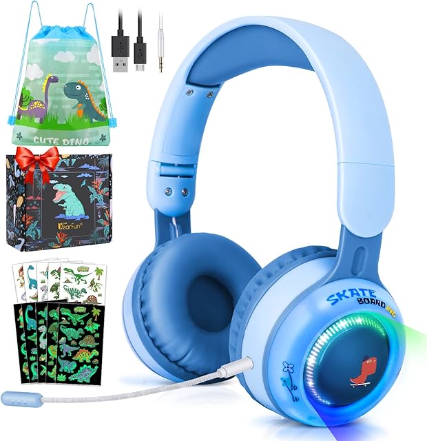 Kids Headphones, Cute Dinosaur Childrens Bluetooth Headphones with LED Lights, Toddler Headphone Wireless for Boys Girls, Adjustable Headphone Over Ear with Removable Mic for iPad/Fire Tablet (blue)