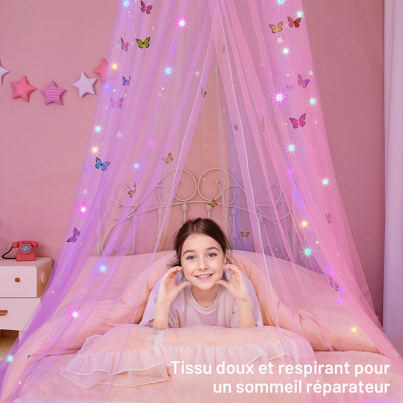 MHJY Lit de princesse chambre avec rideaux LED, moustiquaire DIY, étoiles et papillons