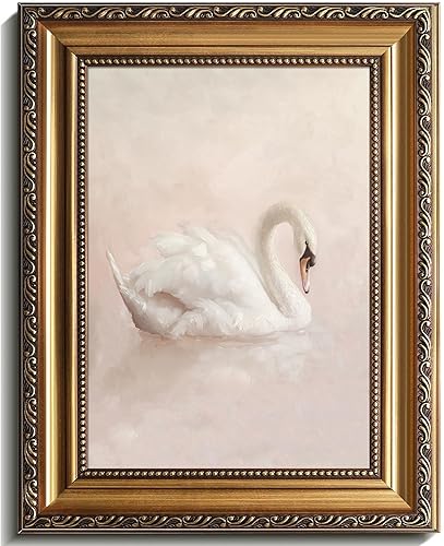 Lienzo vintage de cisne rosa con marco dorado, pósteres vintage de cisne, decoración rústica de granja, pintura de cisne rosa para sala de estar,