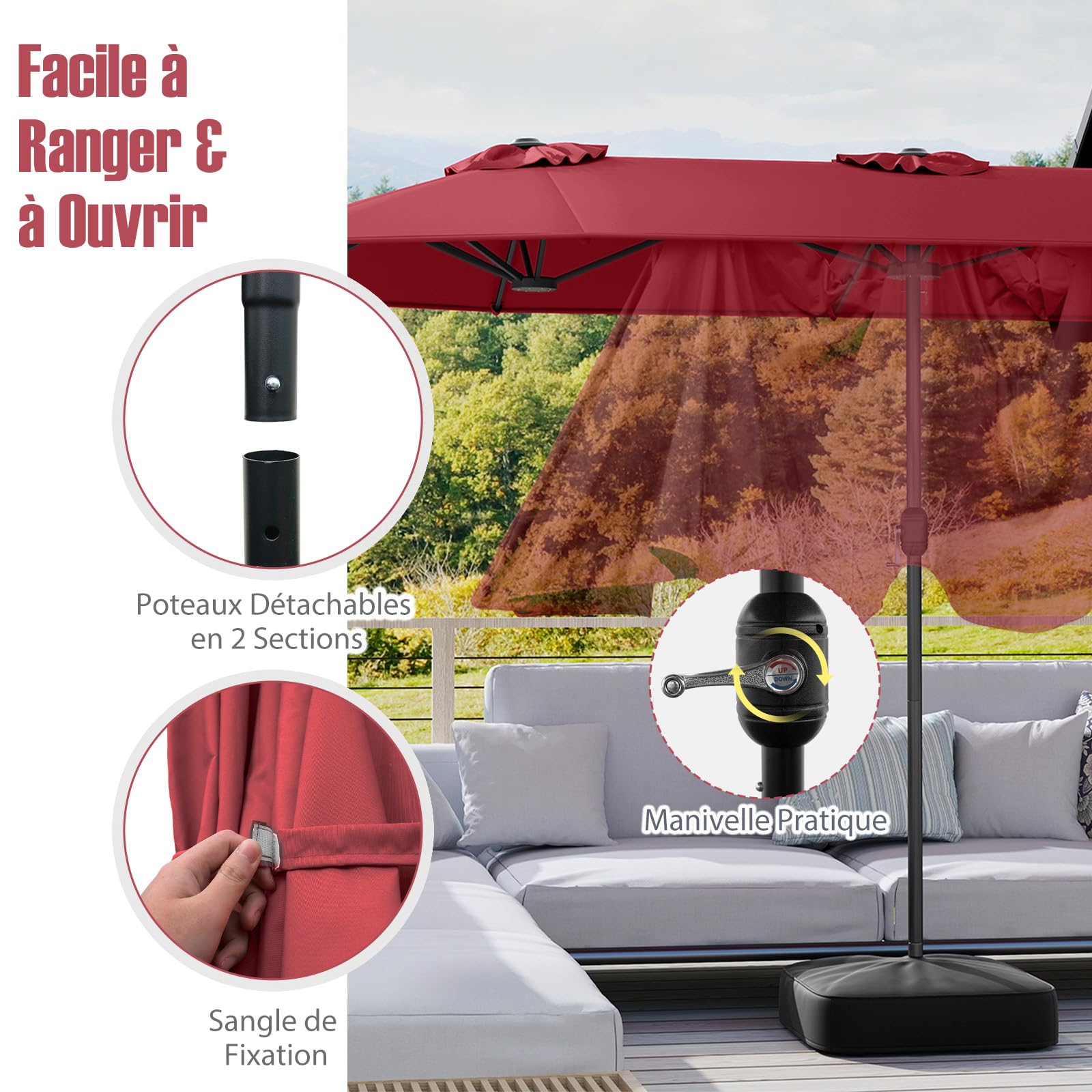 RELAX4LIFE Grand Parasol de Jardin Extérieur avec Pied | Parasol Double Terrasse à 12 Baleines | Manivelle | Polyester Résistant | Verrou de Sécurité | Protection UV pour Piscine Patio Marché,Bordeaux