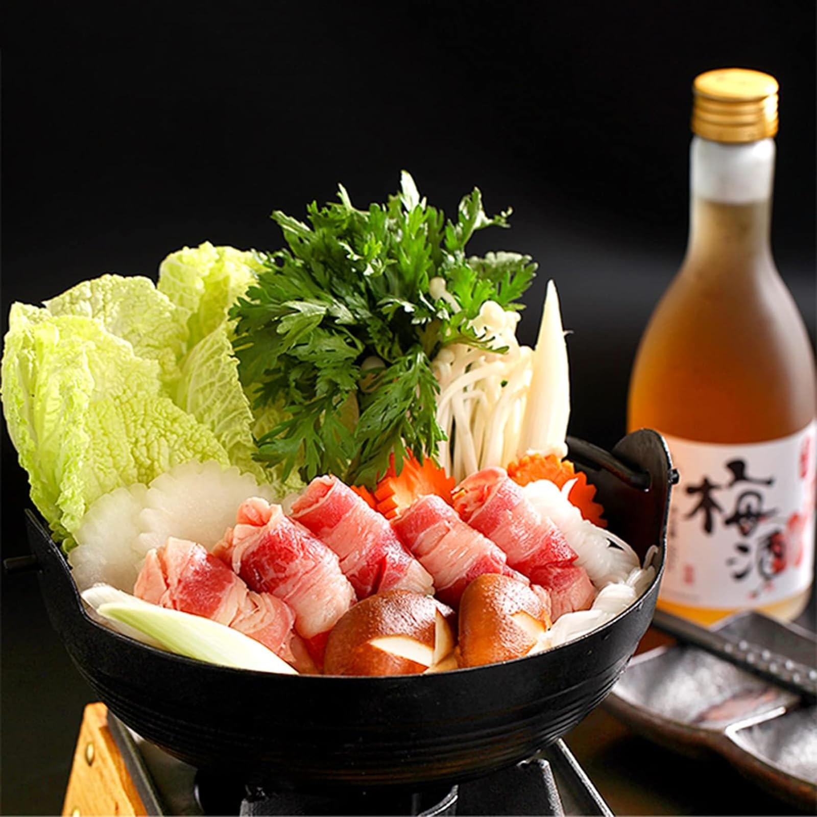 Pentola da Cucina in ghisa Shabu in Stile Giapponese, per Sukiyaki Nabe, con Coperchio in Legno e fornello Antiaderente, per servire zuppa di Noodle e Ramen Sukiyaki, 28 cm/11 poll