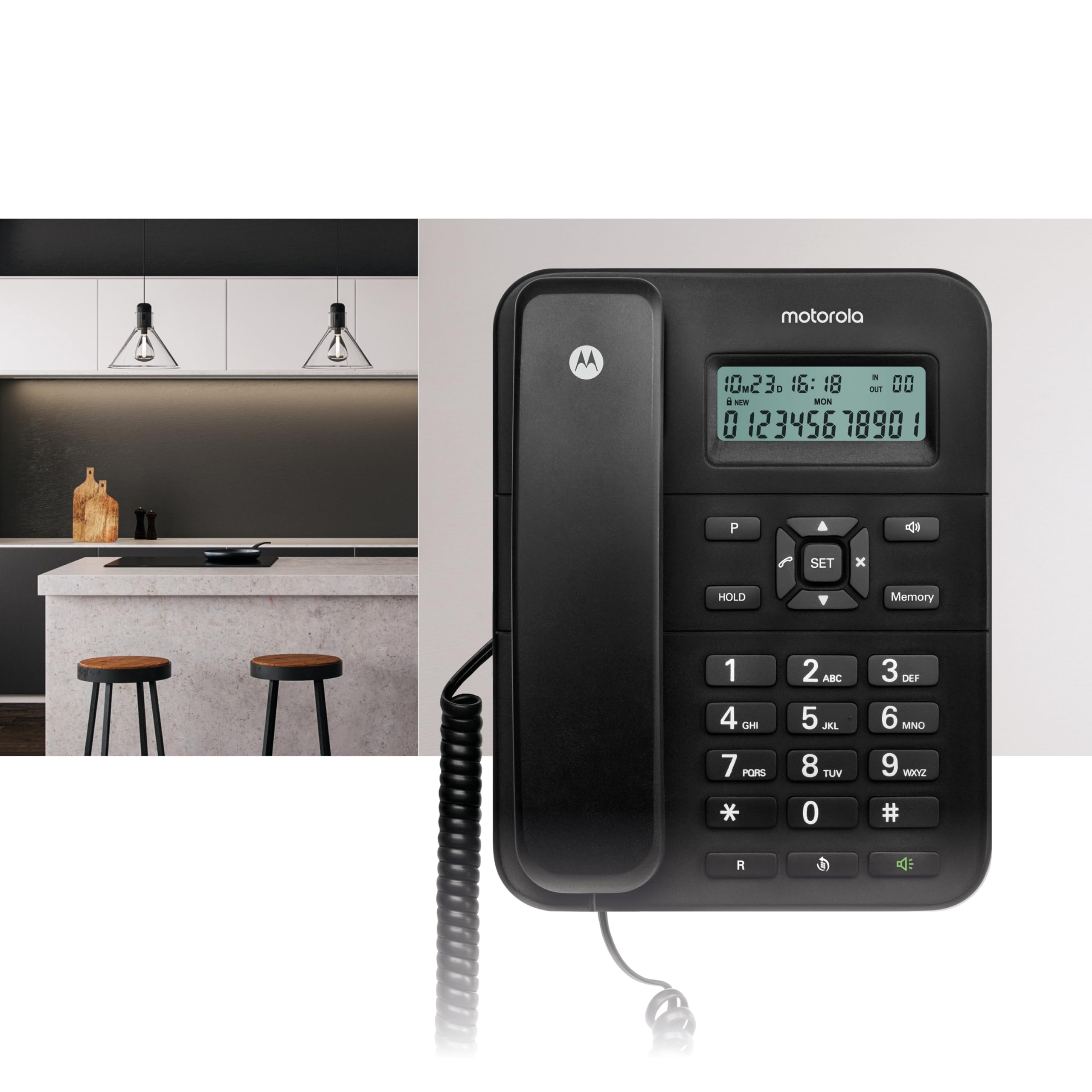 Motorola Voice - Téléphone filaire CT202, 10 touches mémoire, haut-parleur mains libres, musique d'attente, identification de l'appelant, recomposition du dernier numéro - Noir