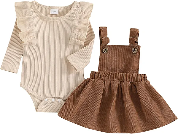 Youweixiong Newborn Baby Girl Outfits Ruffle Long Sleeve Ribbed Romper Corduroy Suspender Skirt Overall Dress Fall Clothes