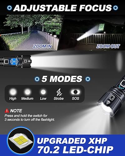 Miniatura 3 de Victoper Linterna recargable, linternas súper brillantes de alto lúmenes, 5 modos XHP 70.2 impermeable de alta potencia LED luz táctica de flash