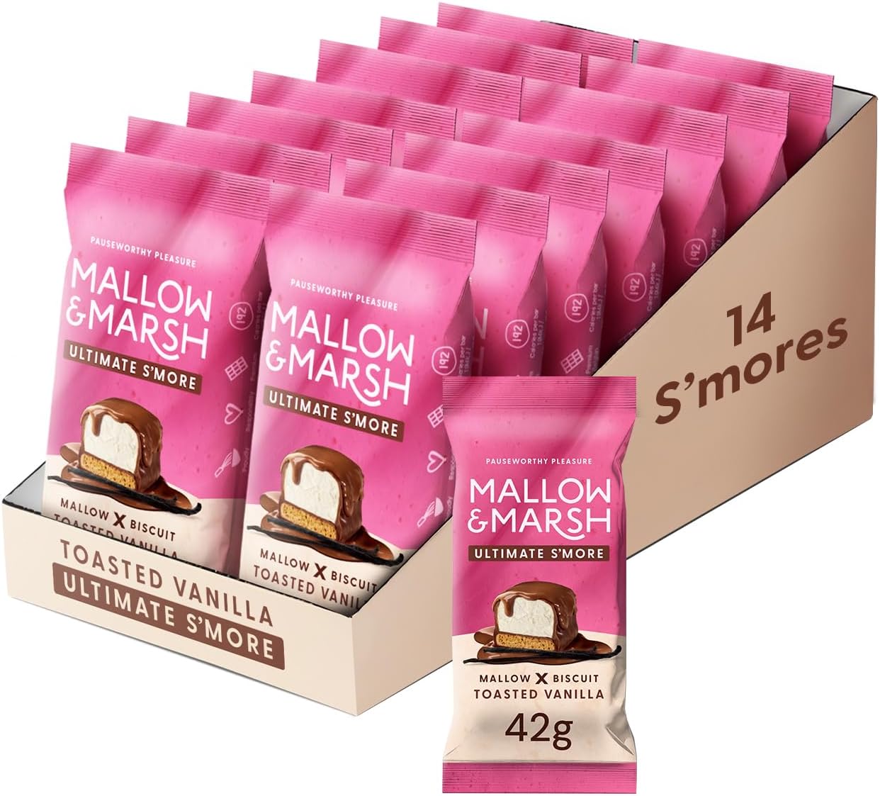 Ultimate S’more Bar - Toasted Vanilla, Milk Chocolate Covered Marshmallow with Biscuit Base (14 x 42g)