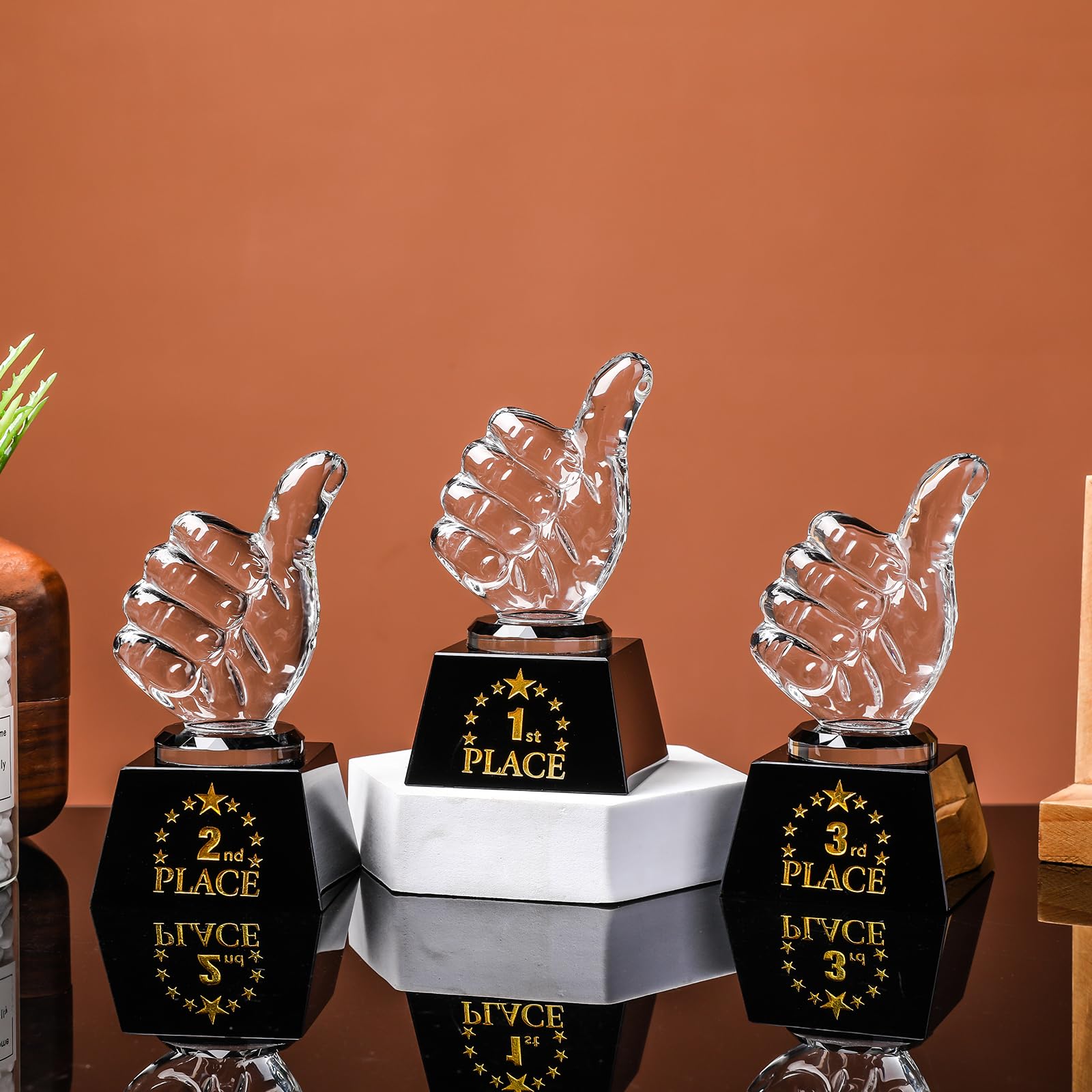 LONGWIN Juego de trofeos ganadores de cristal con pulgares arriba, trofeos para adultos, premio de trofeo para torneos deportivos, concursos de espectáculos de talentos