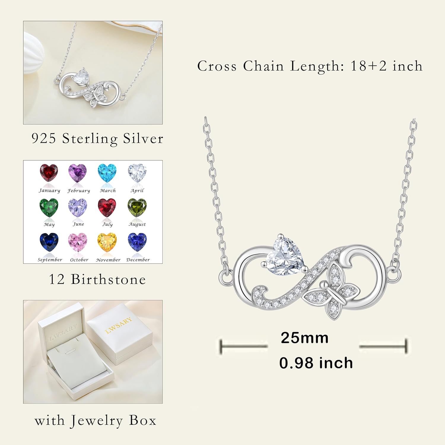 Infinity Butterfly Pendant Necklace 925 Sterling Silver Heart Birthstone Jewelry for Women - Image 6