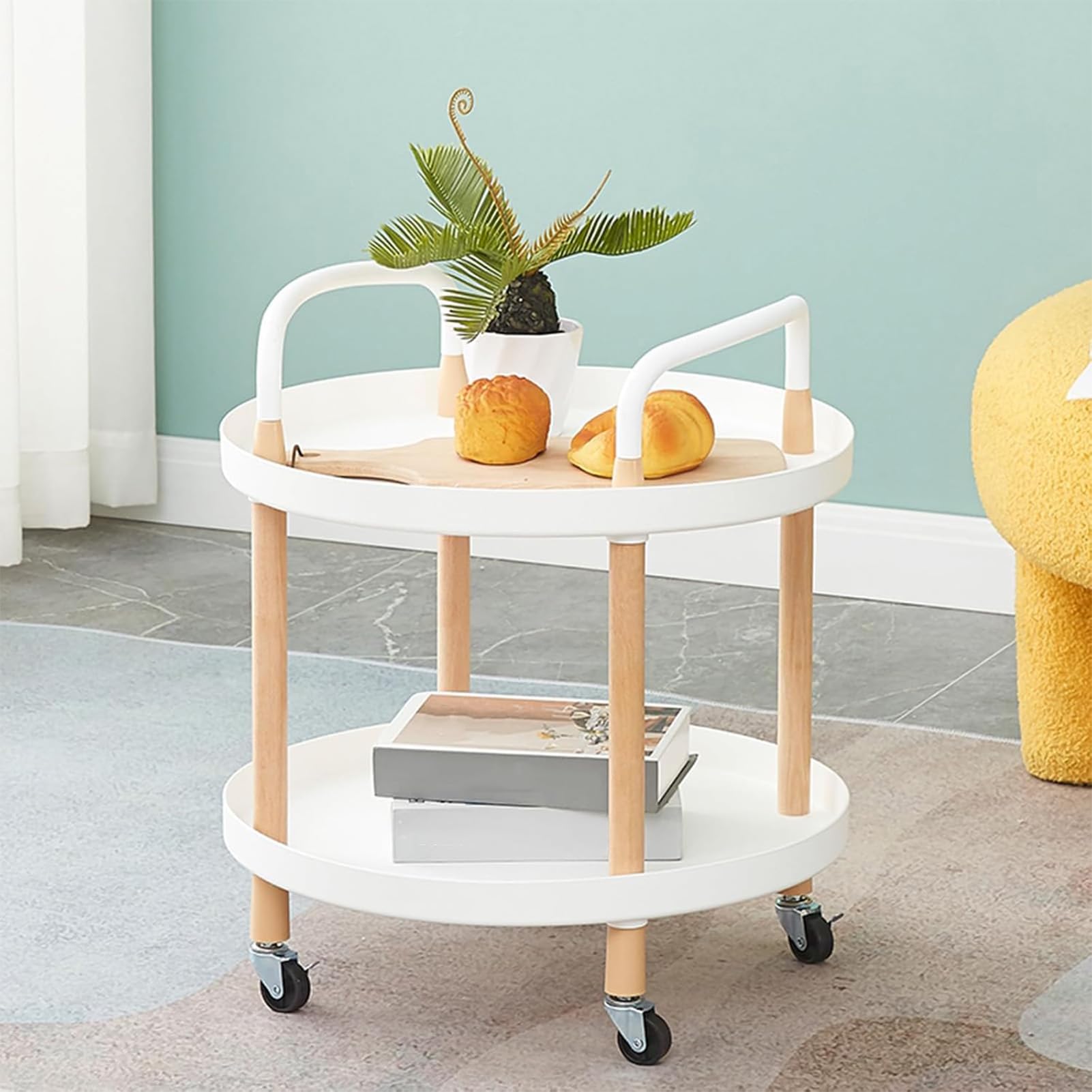 Moderna mesa auxiliar rodante de 2 niveles redonda con ruedas, mesita de noche portátil para sofá, cama, sala de estar, cocina, comedor, color negro