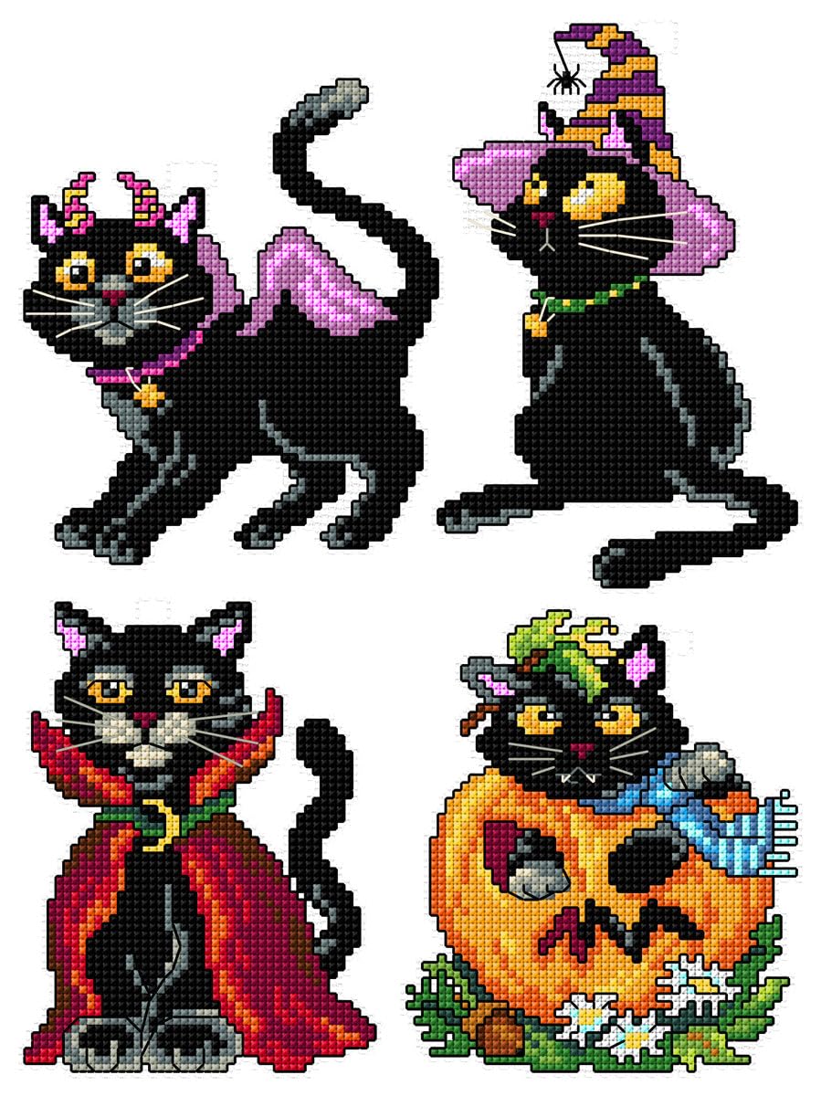 Crafting Spark Halloween Cats Counted Cross-Stitch Kit On Plastic Canvas With 4 Fascinating Ornaments Different Dimensions 146Cs. Marvelous For Embroidery & Craft Amateurs
