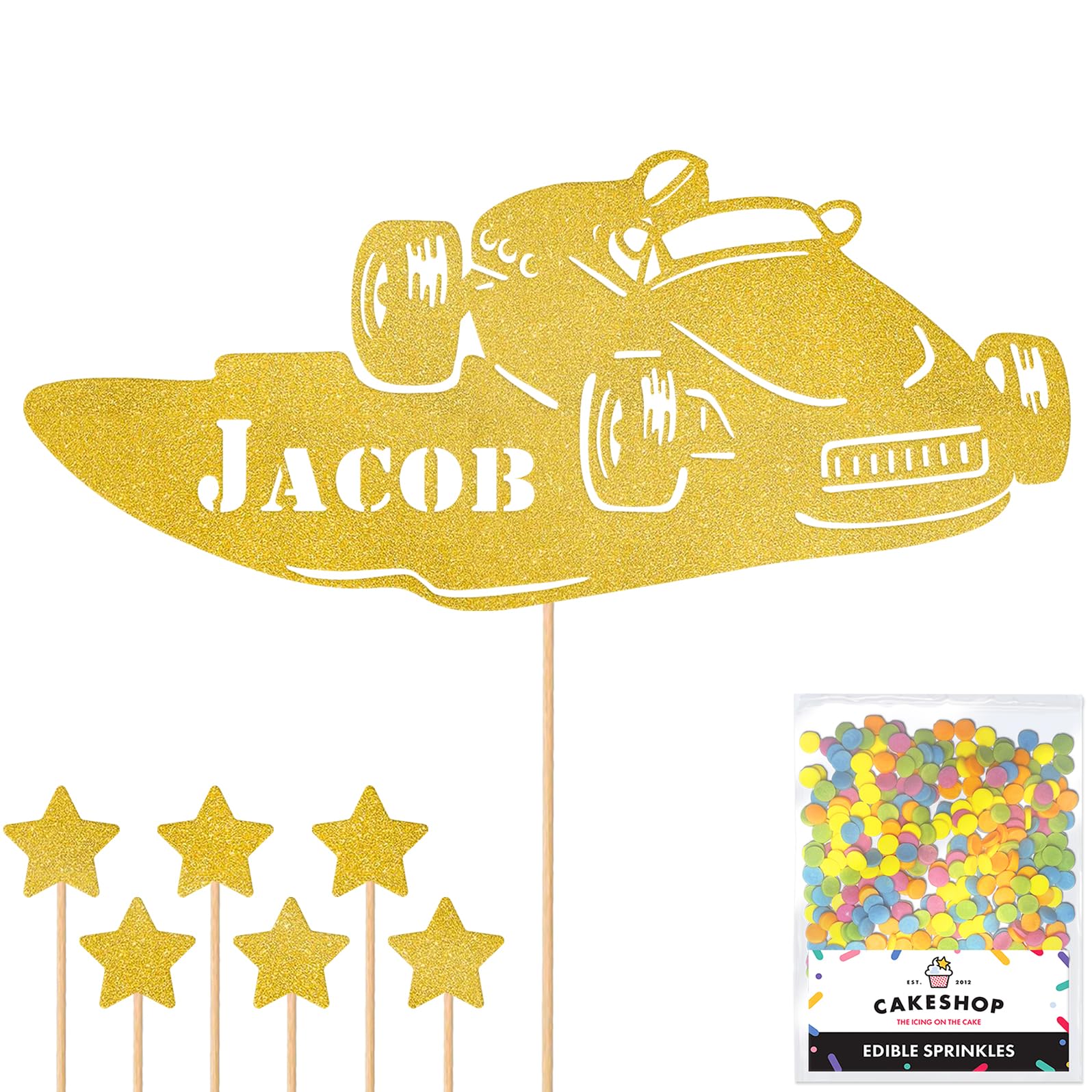 Personalised Classic Vintage Car Glitter Topper - Gold Custom Name Glitter Cake Decoration and Sprinkles - Happy Birthday Decorations - Personalised Toppers for Cakes by Cakeshop