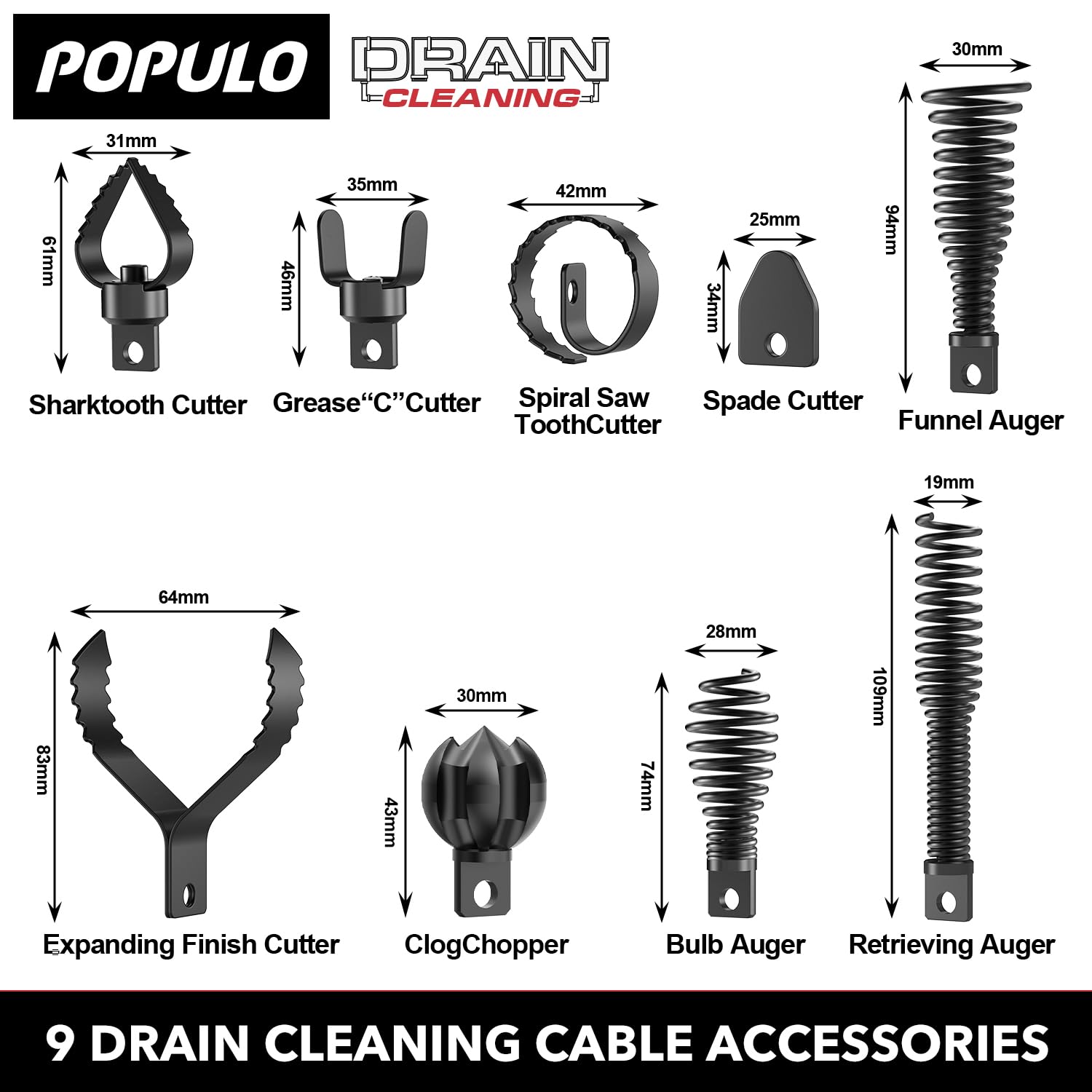 POPULO Kit d'accessoires professionnels 9 en 1 pour canalisation : grand coupe-racines à 6 lames et 8 pièces de fixation pour tarière, pour tuyaux de 3,8 à 10,2 cm, annihile les racines des arbres et