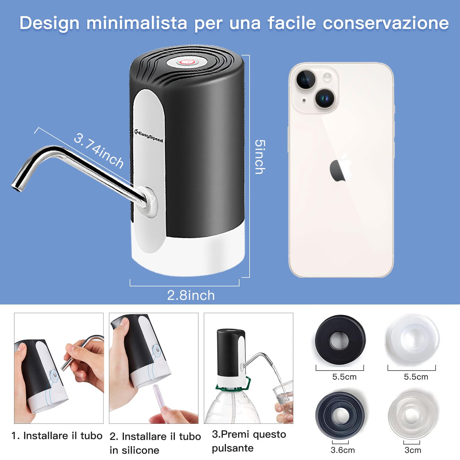 EASYSPEED Distributore Acqua Portatile Elettrico Automatico con 2 Adattatori, Batteria Ricaricabile USB, Nero