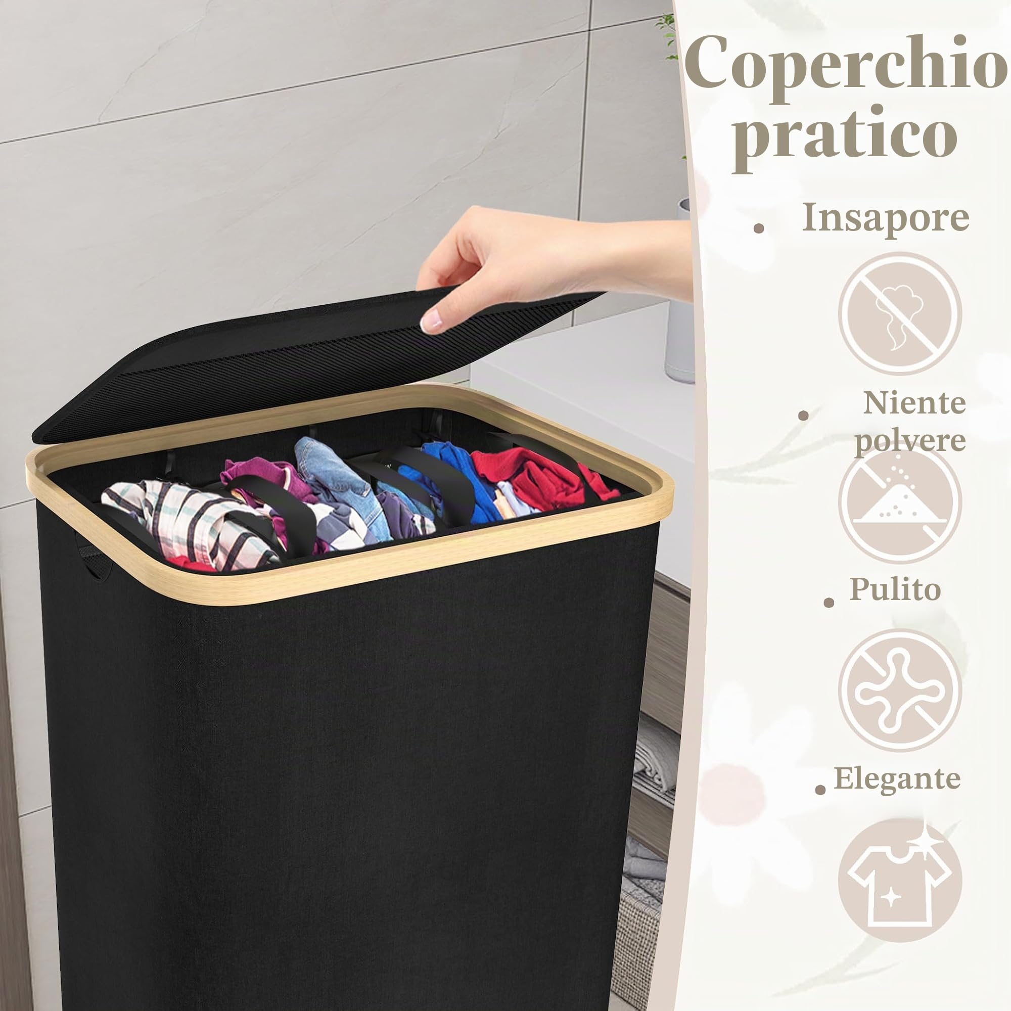 FIVMEN Cesto portabiancheria a 3 scomparti, con coperchio e 3 sacchetti lavabili, in tessuto Oxford, per lavanderia, bagno, 140 l, grigio