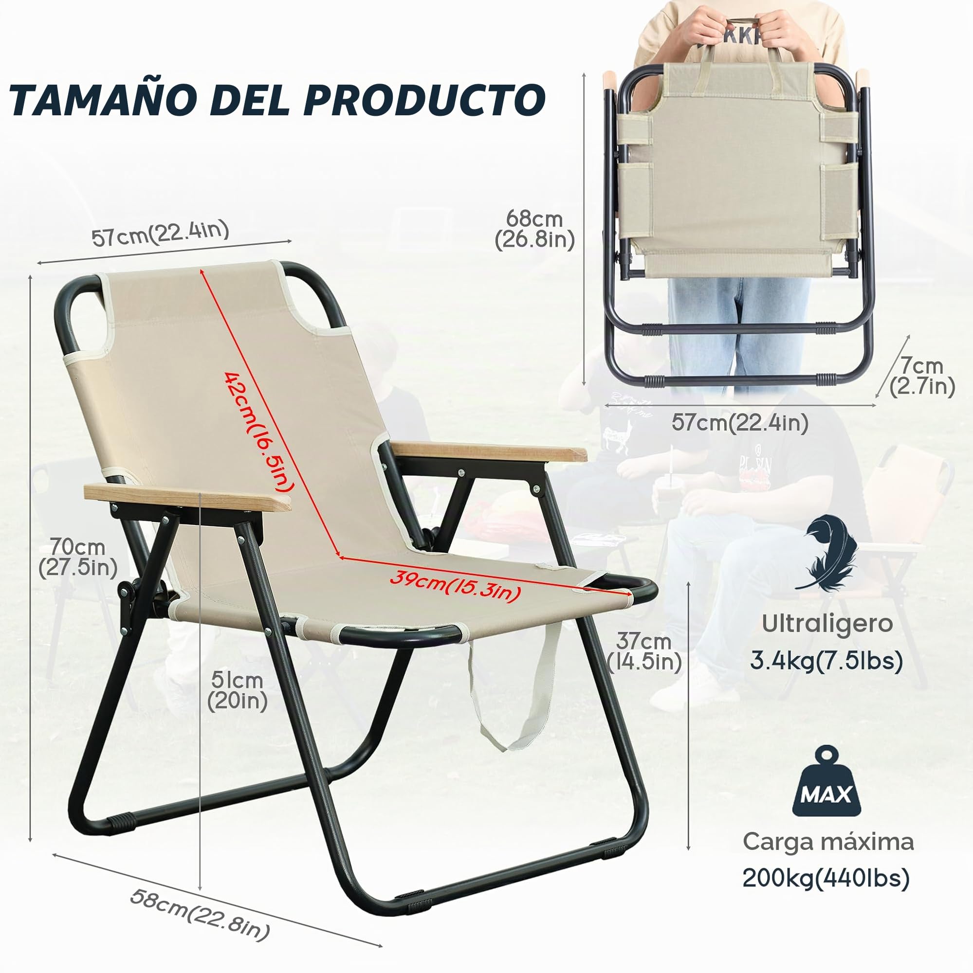 Silla Playa Plegable - Silla de Playa - Silla Plegable Camping Ligera, Incluye Asas de Transporte, Portátil Sillas Plegables para Acampada Jardín Terraza Pesca, Blanco