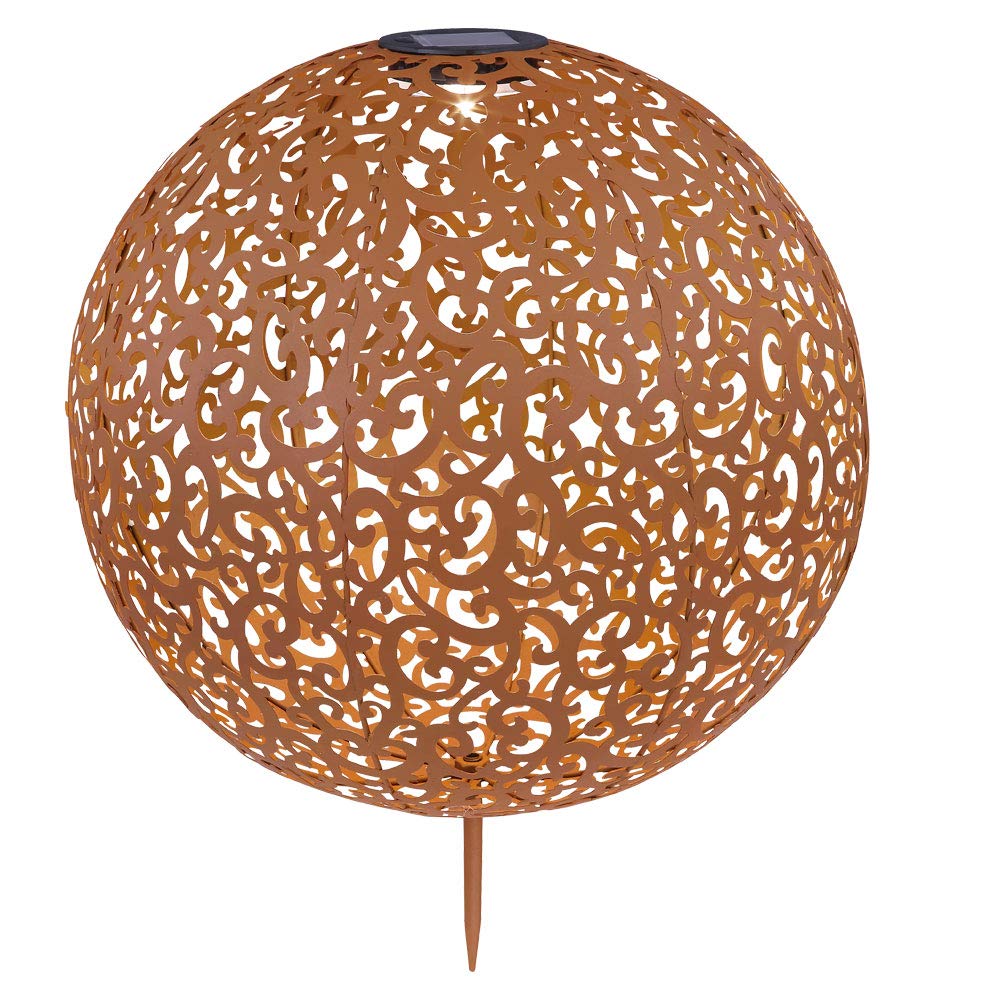 LED Solar Außenlampe Kugel Steckleuchte Metall rostfarben Gartenleuchte Wegelampe Gartendeko, Kugel orientalisch Solarlampe, warmweiß 3000K, Höhe 50 cm