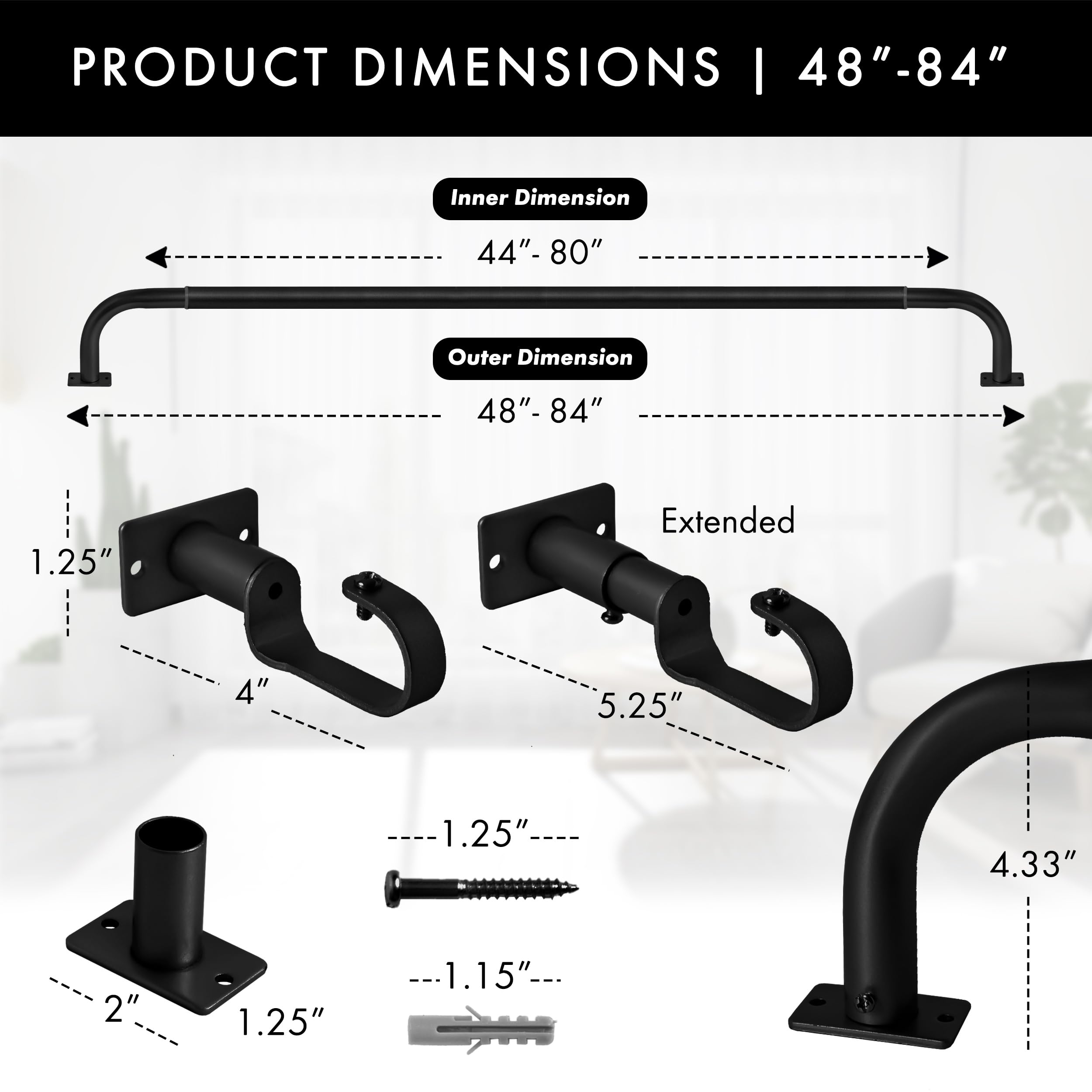 Meriville 1-Inch Diameter Wrap Around Blackout Curtain Rod, 48-Inch to 84-Inch, Black Finish